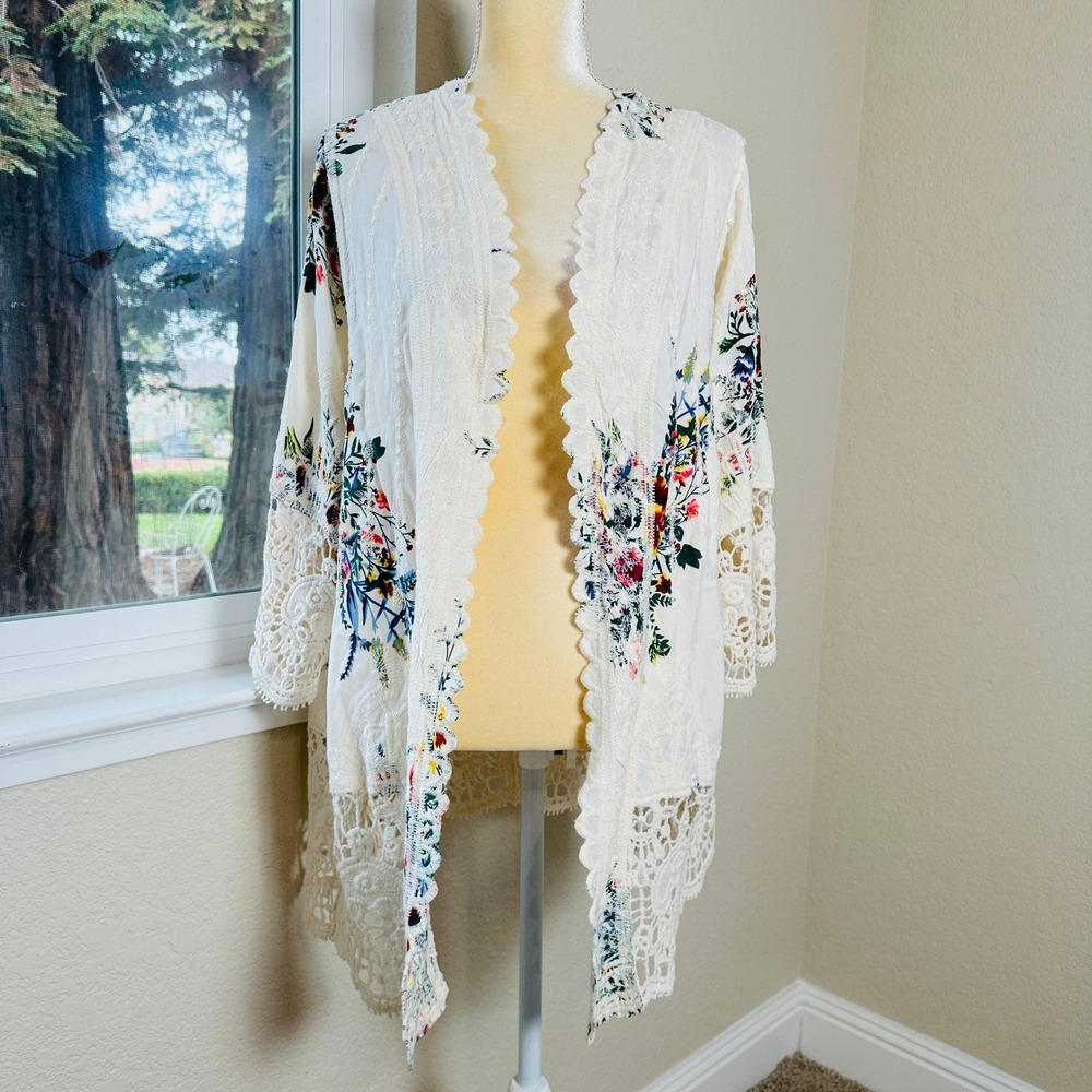 Solitaire Cream Floral Crochet Lace Kimono Cardigan Women 1X Boho Festival Flowy